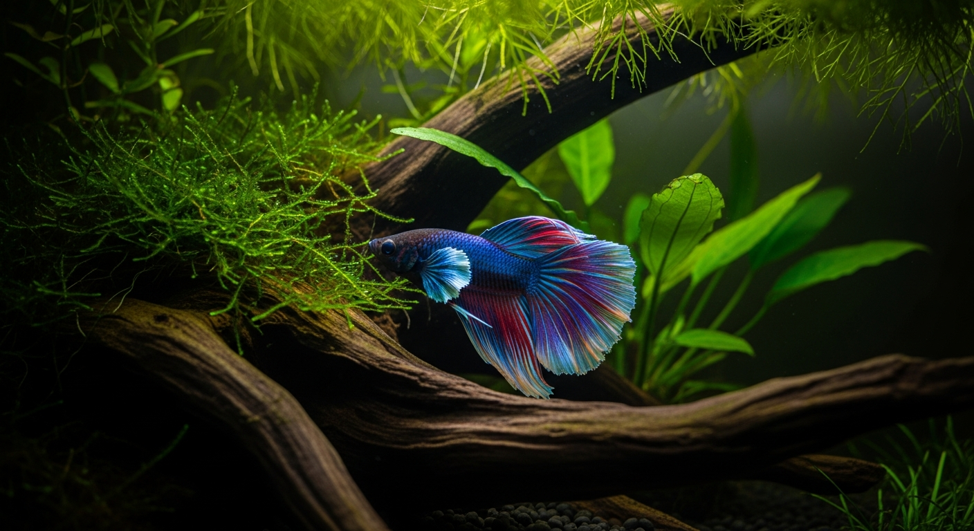 A betta fish hiding among plant leaves and driftwood inside a planted aquarium