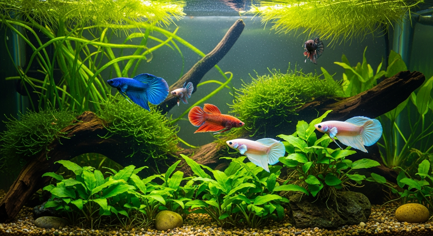 Group of colorful female betta fish swimming together in a densely planted aquarium
