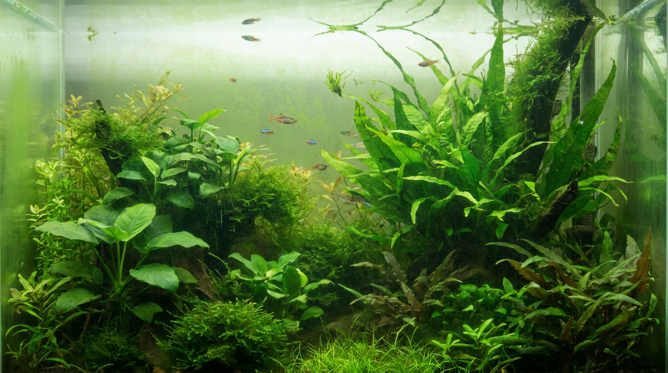 Planted freshwater aquarium with green aquatic plants and algae on the glass