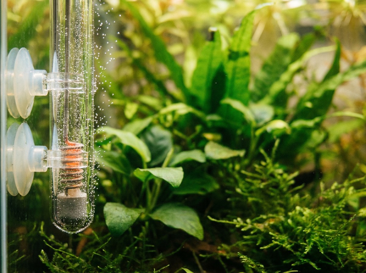 Glass submersible aquarium heater mounted inside a planted freshwater aquarium