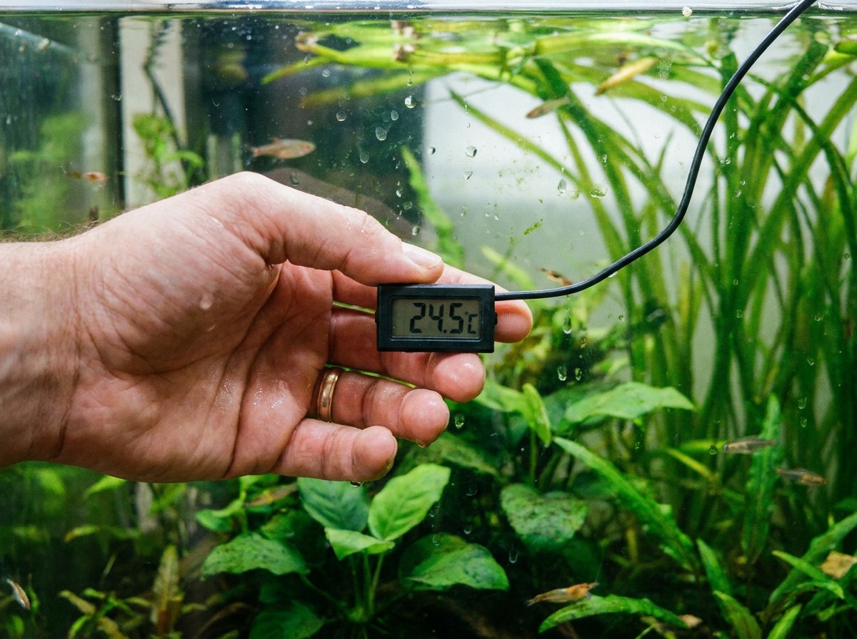 Hand holding a digital thermometer probe against the inside glass of a freshwater tank