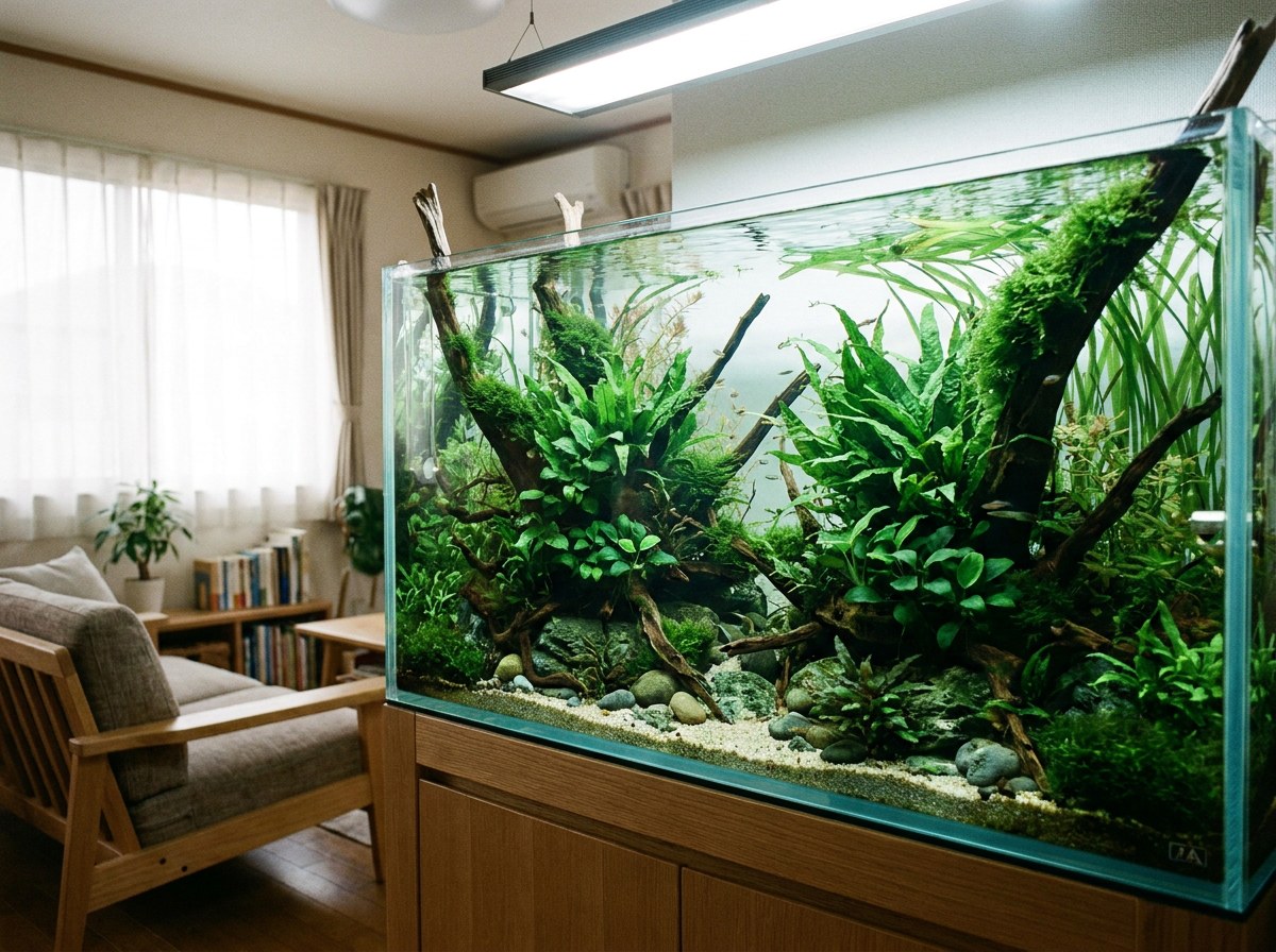 Wide view of a planted freshwater aquarium with driftwood and clear water