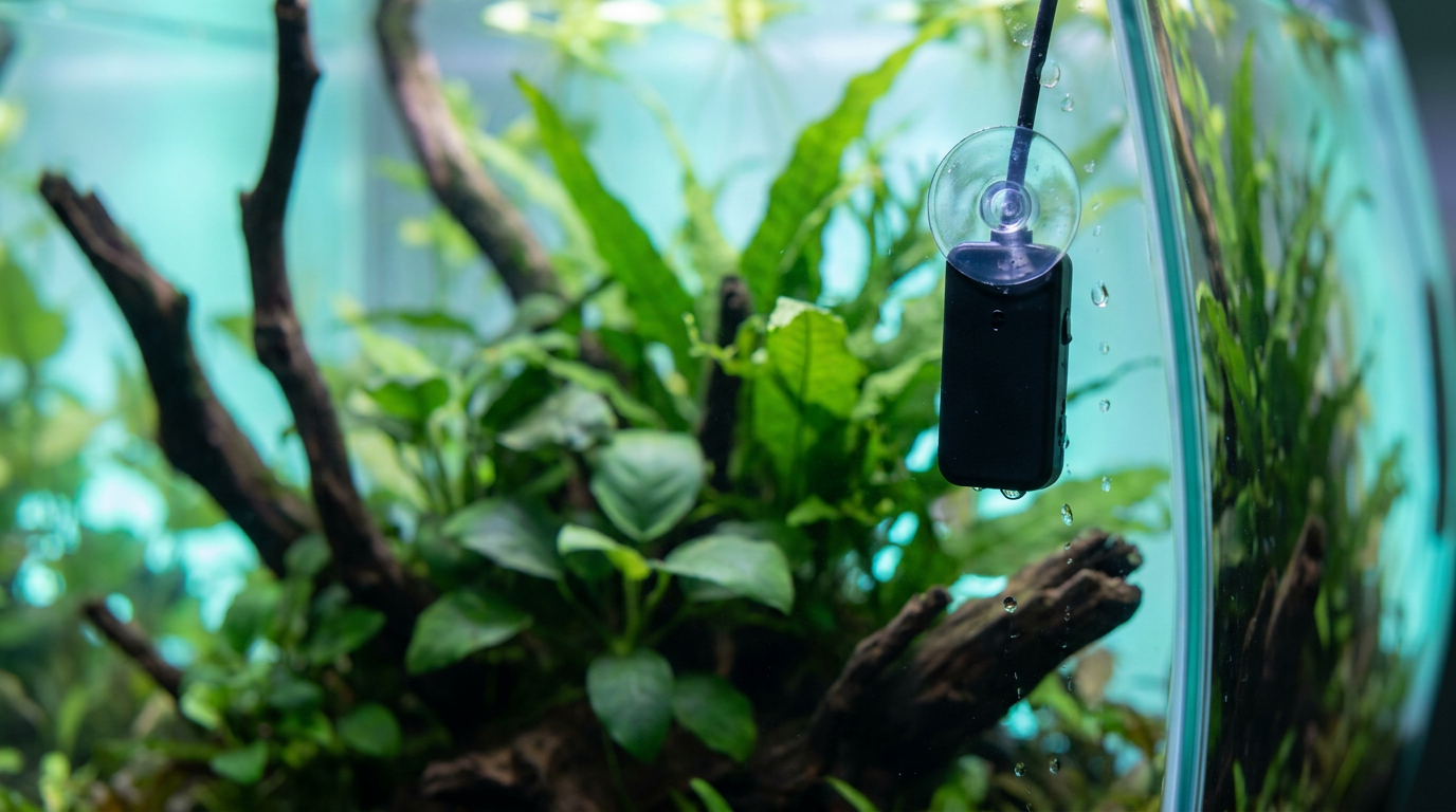 Best aquarium thermometer options: digital probe thermometer and glass thermometer inside a planted freshwater aquarium