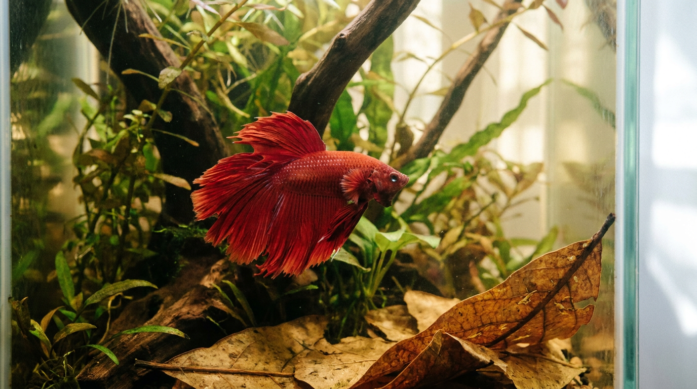 male betta fish flaring in a planted tank with leaves