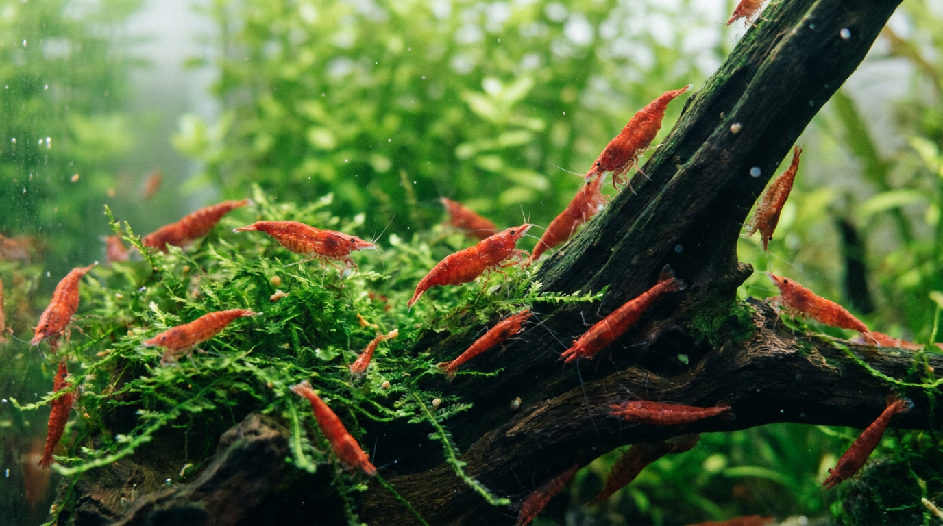 Red cherry shrimp grazing on moss and driftwood in a planted freshwater aquarium