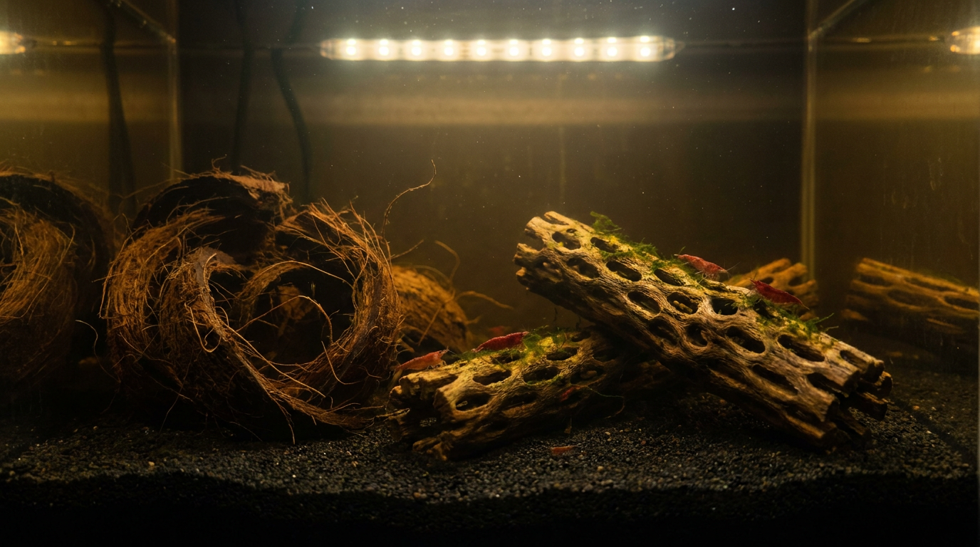 Coco curls and cholla wood tubes on dark aquarium substrate with tinted blackwater and cherry shrimp grazing