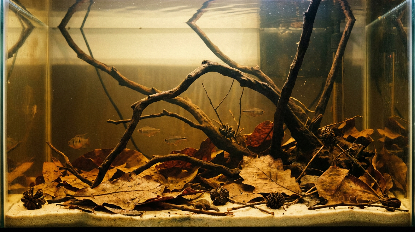 Blackwater aquarium with catappa leaves showing whether botanicals lower pH