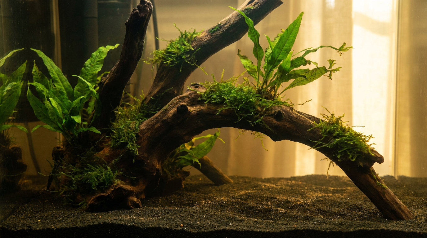 Driftwood aquarium scape with tannin stained amber water, java fern and moss on submerged wood
