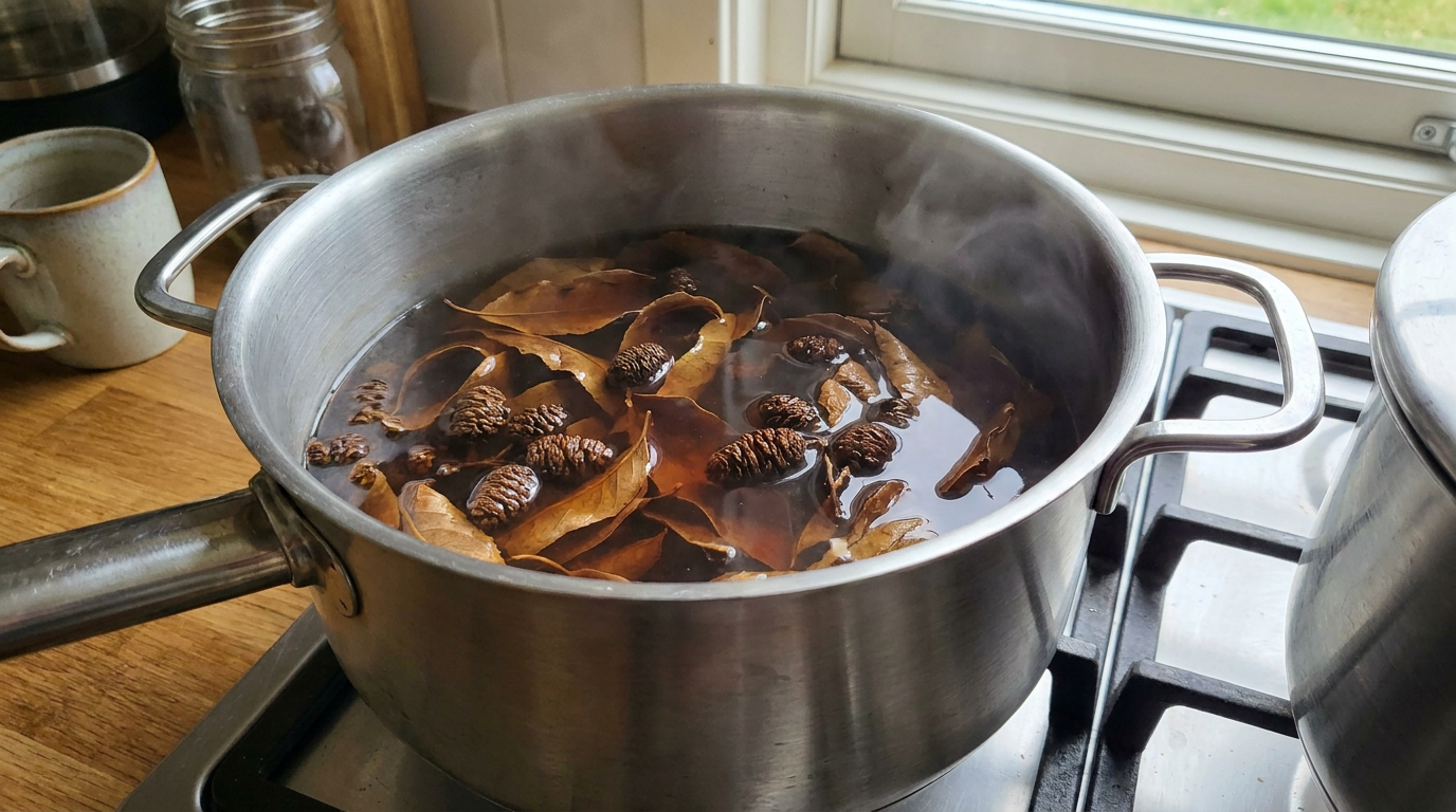 How to prepare botanicals for an aquarium, dried almond leaves and alder cones simmering in a pot of dark tea colored water