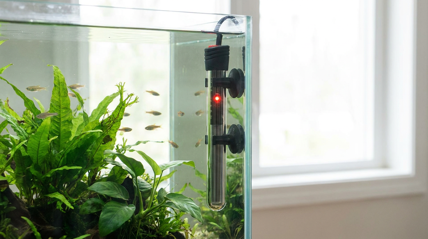 Hygger aquarium heater mounted inside a planted betta tank