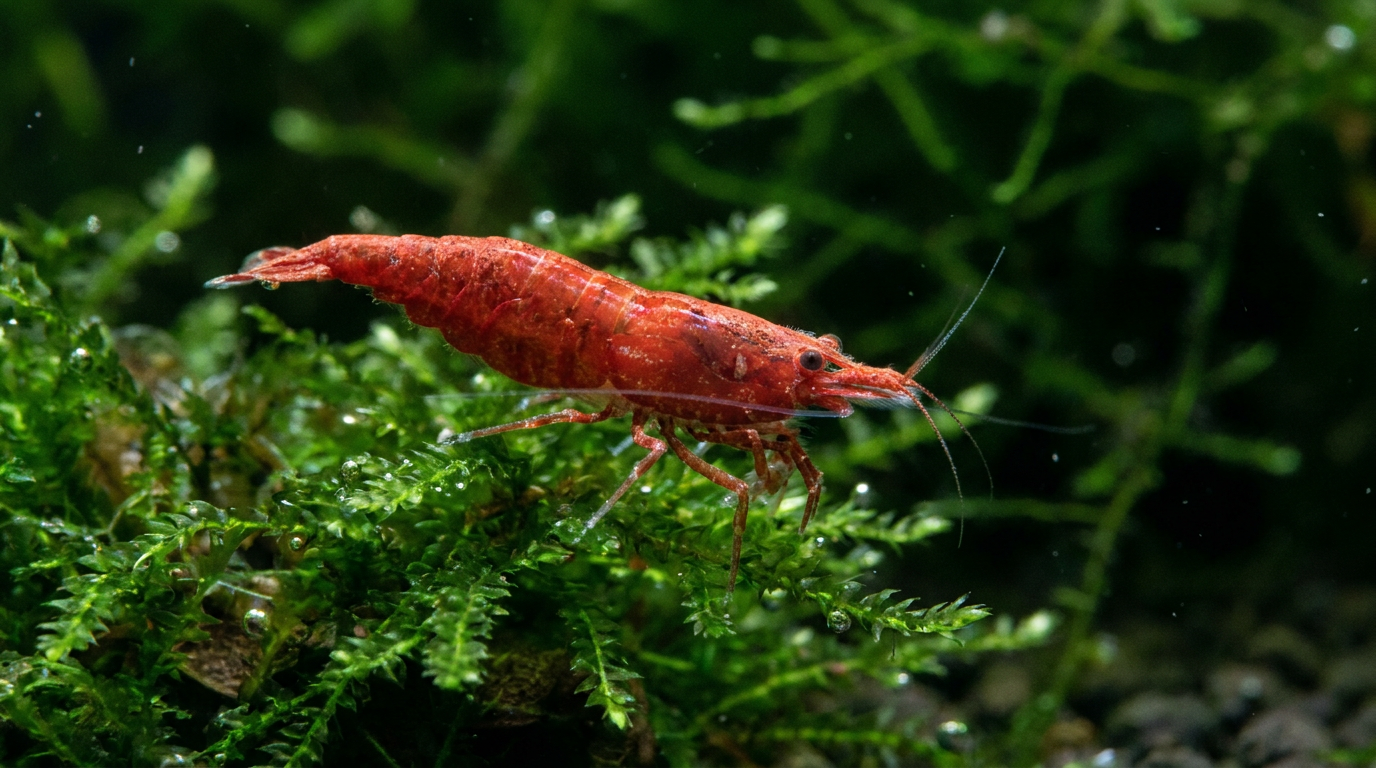 Neocaridina shrimp on aquarium moss in a planted freshwater shrimp tank