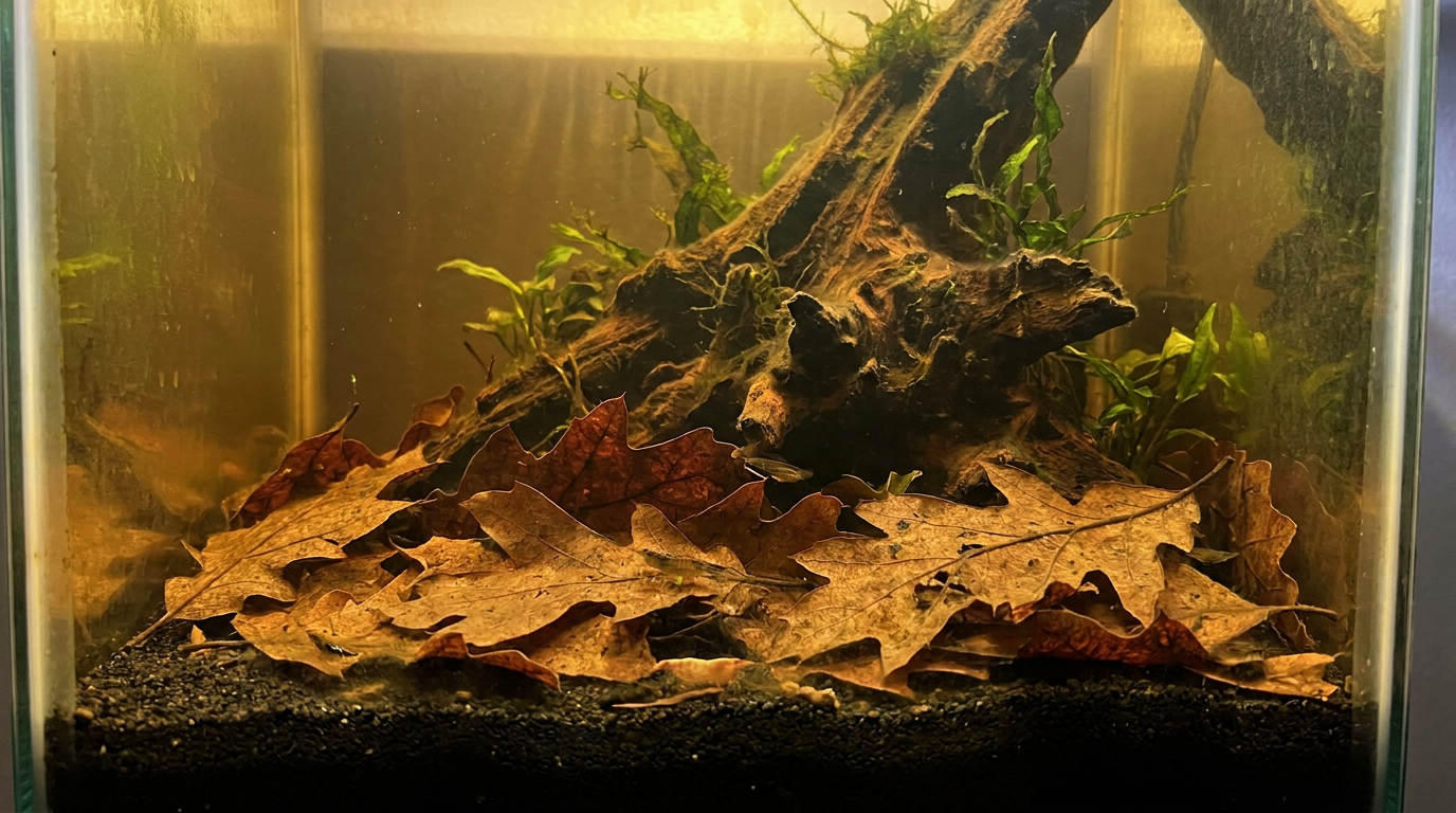 Brown oak leaves resting on dark sand in a tinted blackwater aquarium showing oak leaves aquarium tannin release