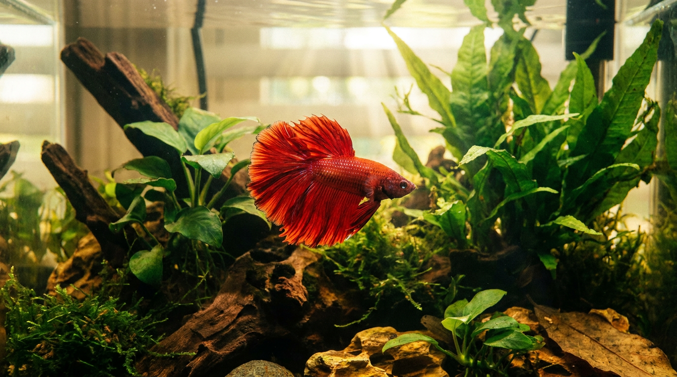Healthy red betta fish with fully open fins in a planted aquarium