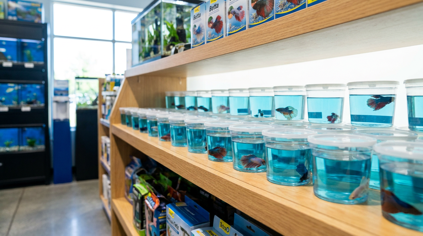 petsmart betta fish - betta cups on a pet store shelf