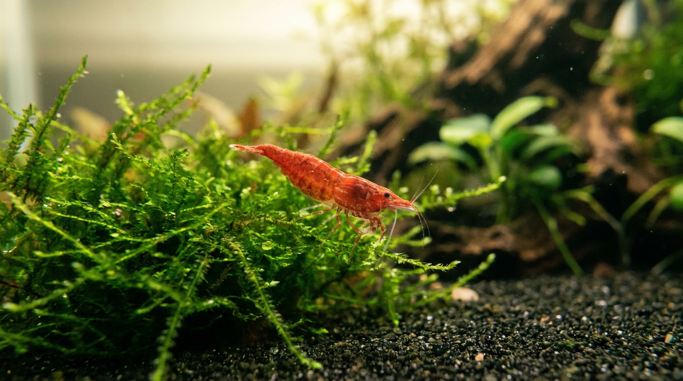 red cherry shrimp with deep red coloration grazing on aquarium moss in a planted tank