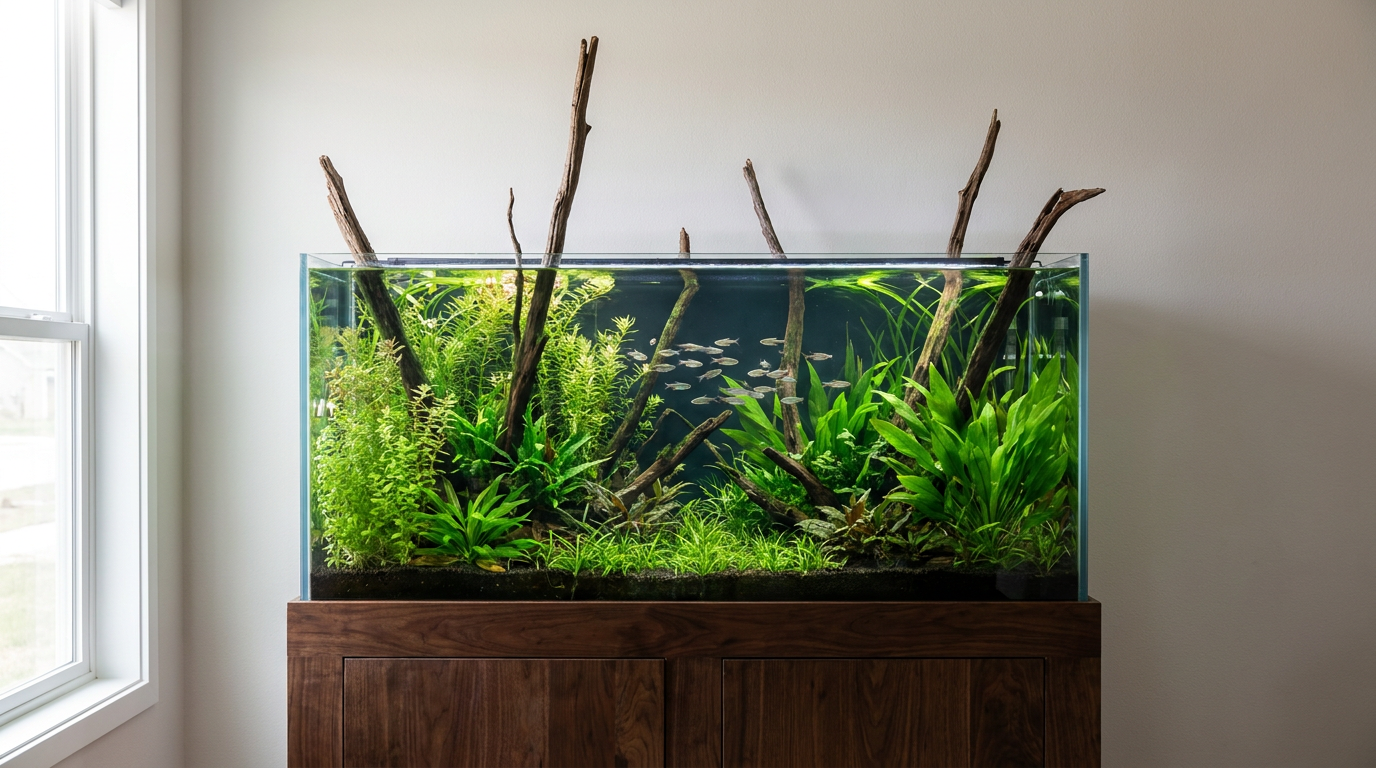 150 gallon fish tank planted with tall driftwood and sword plants on a heavy wooden stand