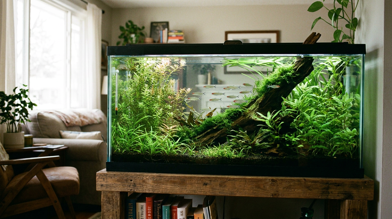 20 gallon fish tank: planted 20 long with a school of tetras and driftwood