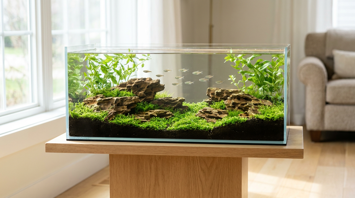 30 gallon fish tank breeder footprint planted with layered dragon stone hardscape and a green carpet