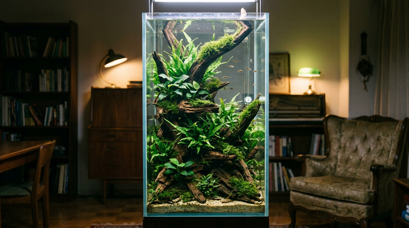 55 gallon fish tank aquascape with narrow footprint and tall planted layout