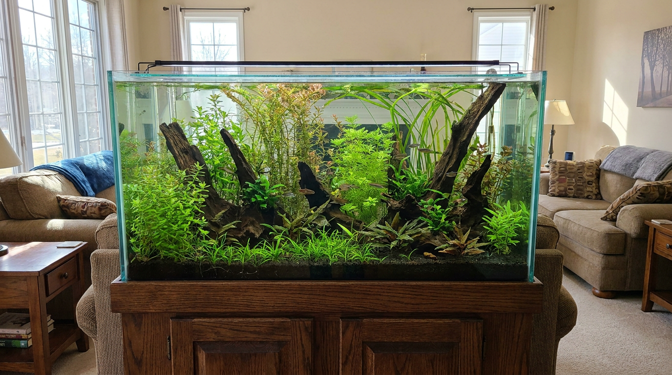 75 gallon fish tank planted aquarium with dense aquascape on a wooden stand