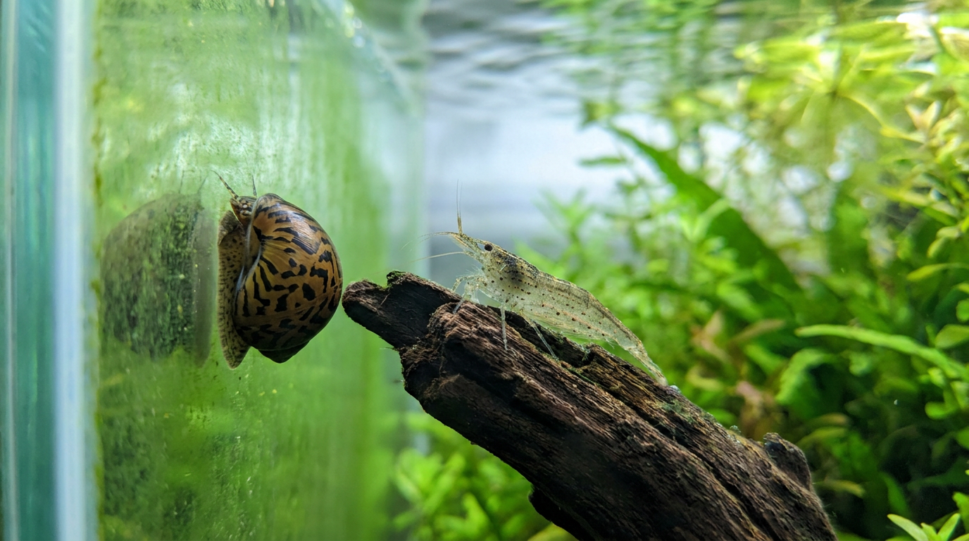 Algae eater lineup in a planted aquarium, nerite snail grazing green glass beside an amano shrimp on driftwood