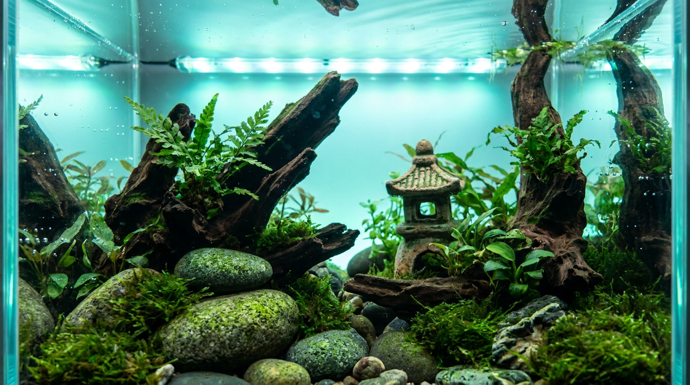 Aquarium decorations arranged in a planted freshwater tank showing rock, driftwood, and ceramic decor