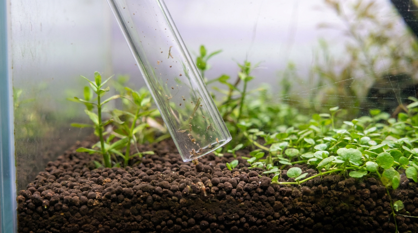 aquarium gravel vacuum tube skimming above aquasoil in a planted tank with stem plants and carpet