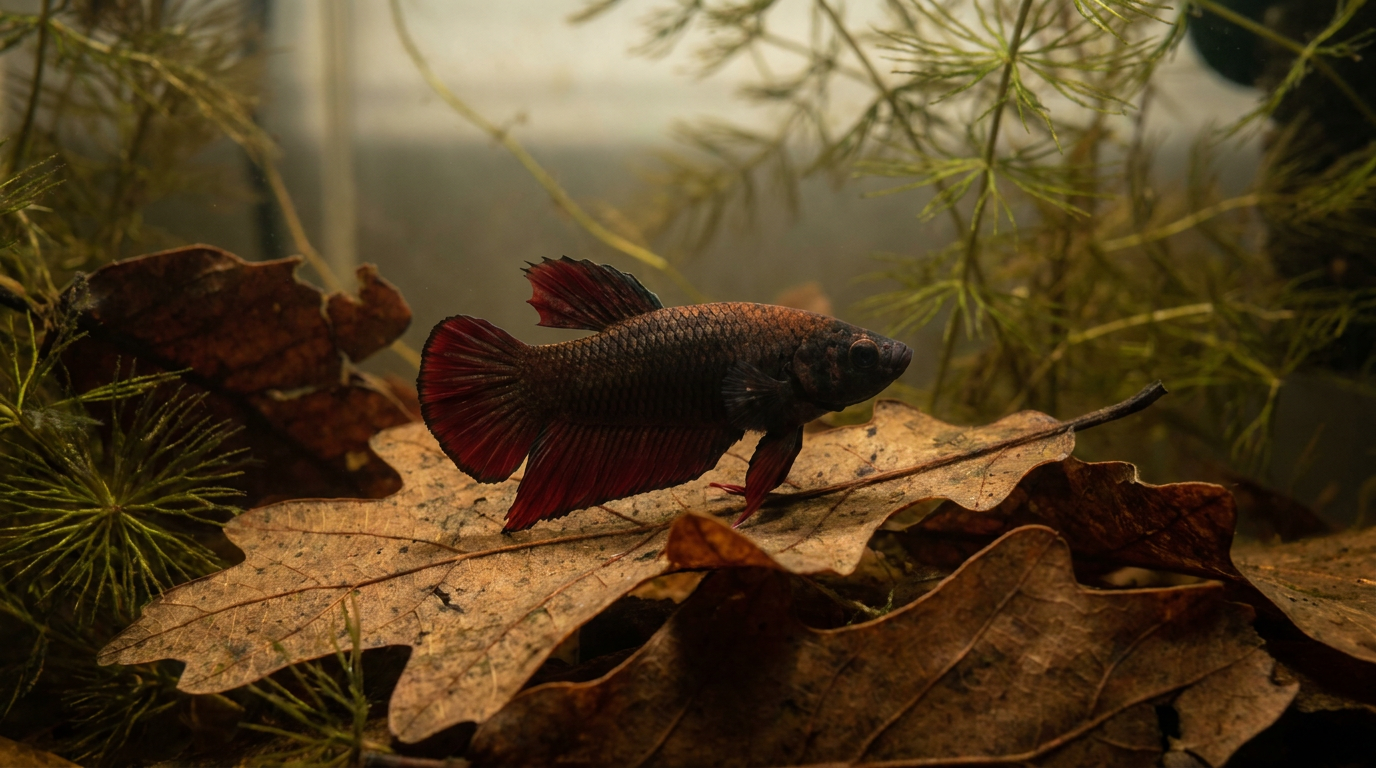 wild betta imbellis with short red fins resting on oak leaves in a blackwater tank