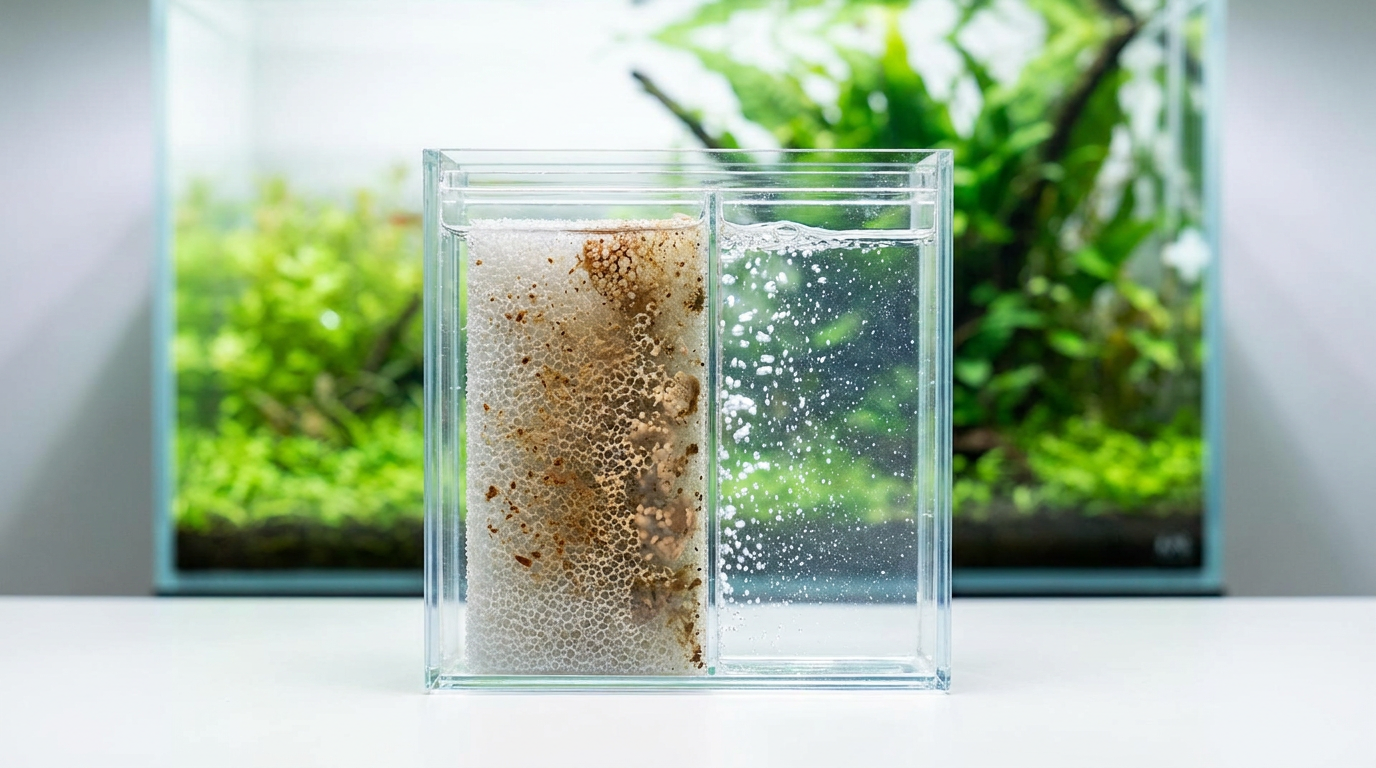 Blue aquarium filter sponge showing pore texture inside a fish tank filter