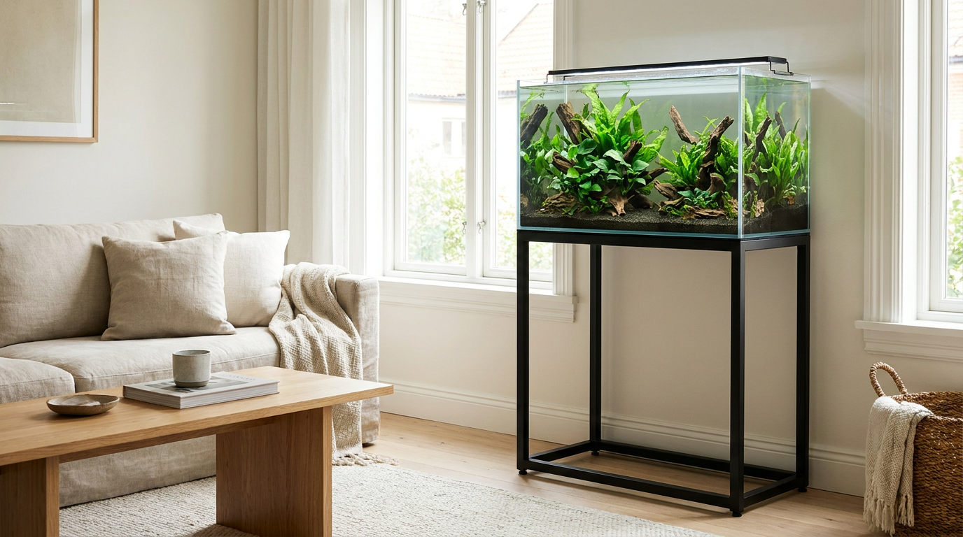 aquarium stand supporting a planted 55 gallon fish tank