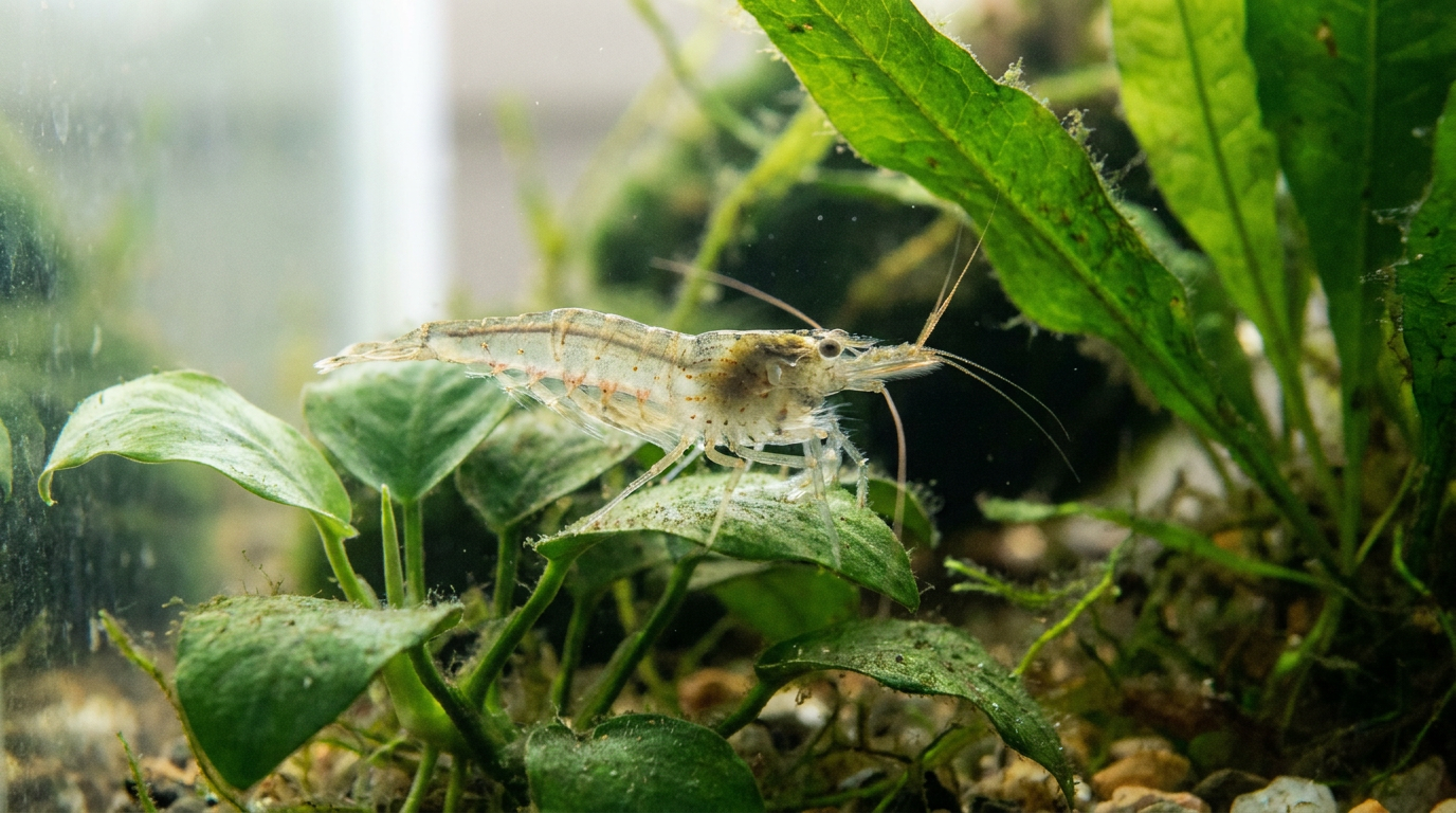 ghost shrimp resting on plants in a freshwater aquarium