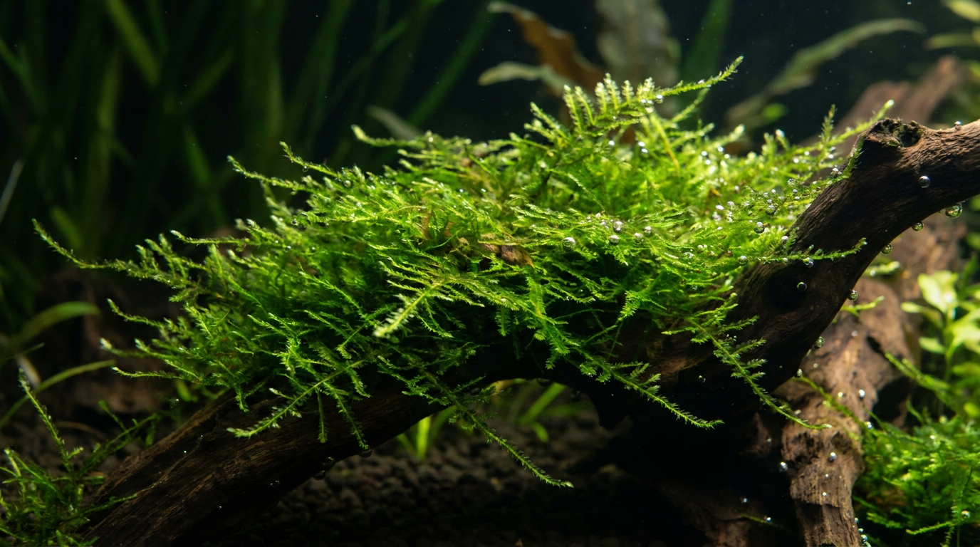 Dense green java moss tied to driftwood in a freshwater planted aquarium