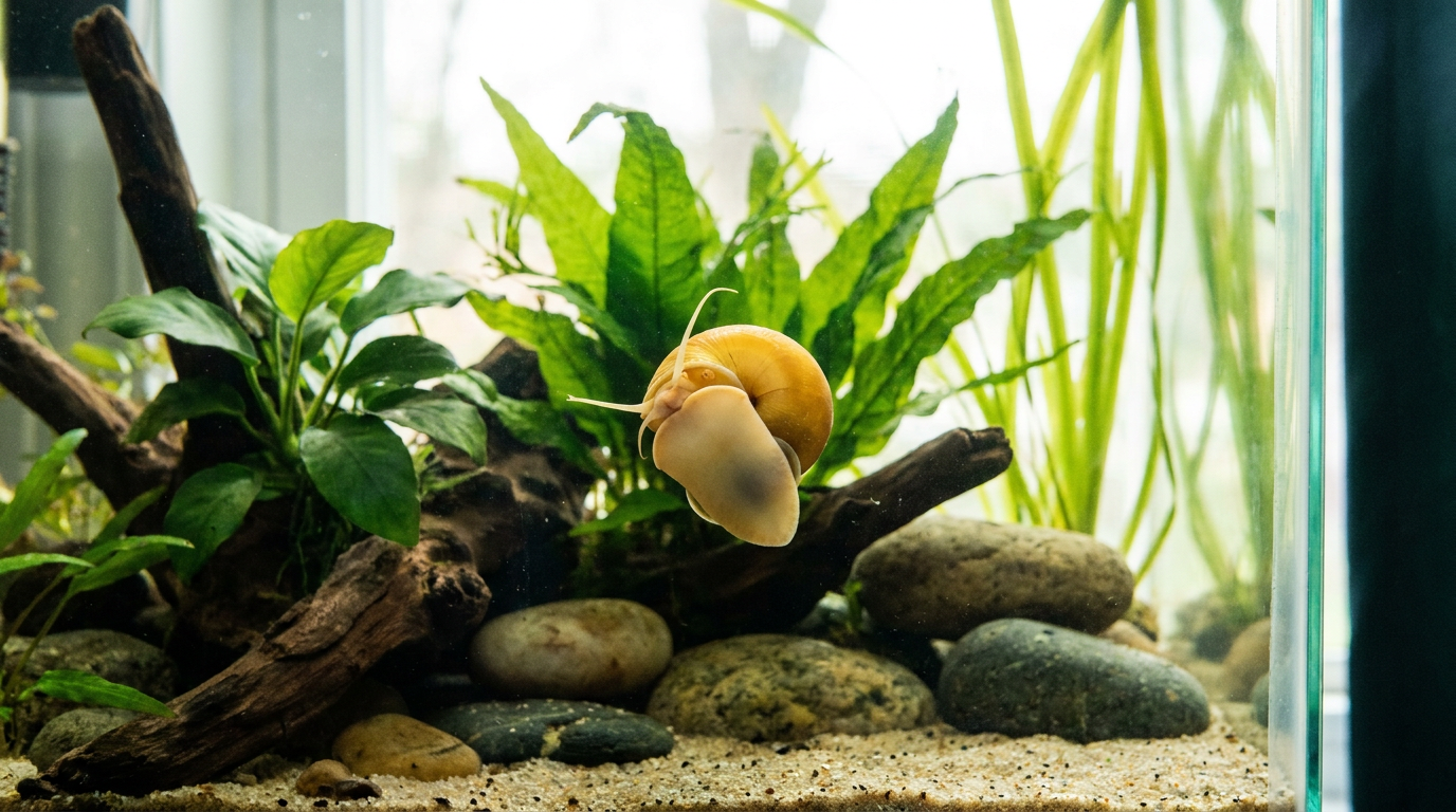 golden mystery snail on aquarium glass in a planted tank