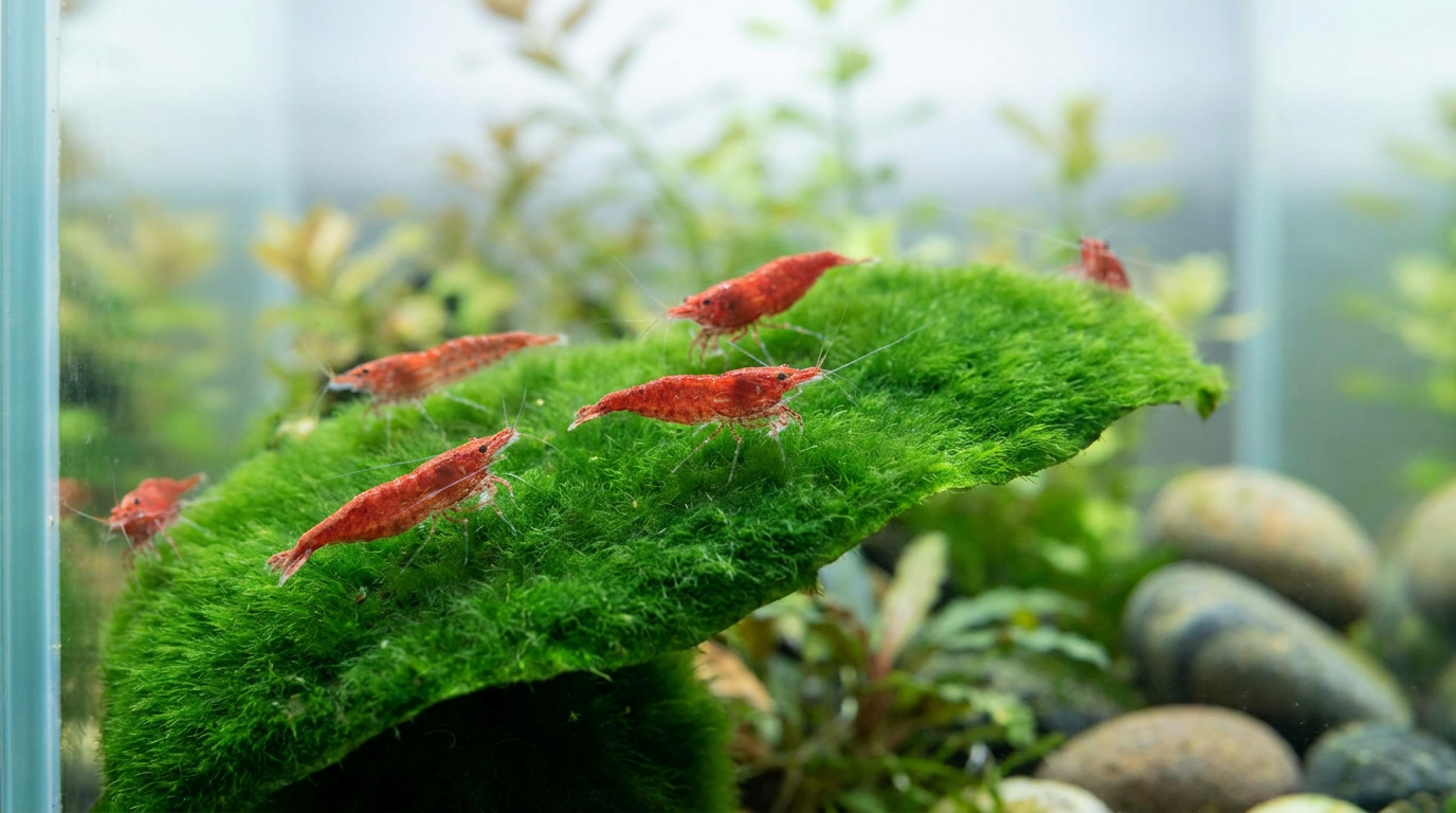 neocaridina davidi - red cherry shrimp color morph on moss