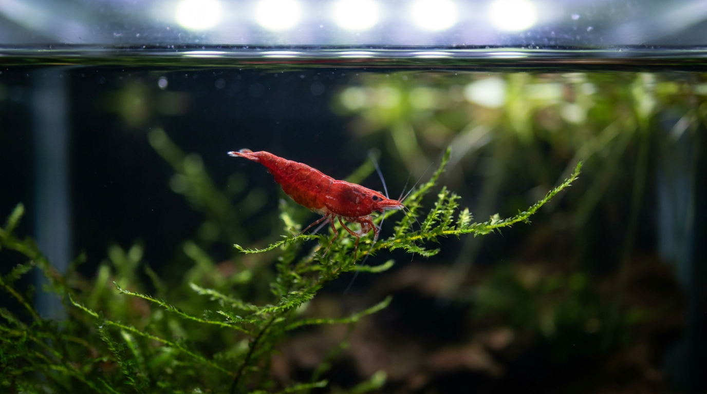 Red neocaridina shrimp for sale grazing on aquarium moss in a planted freshwater tank