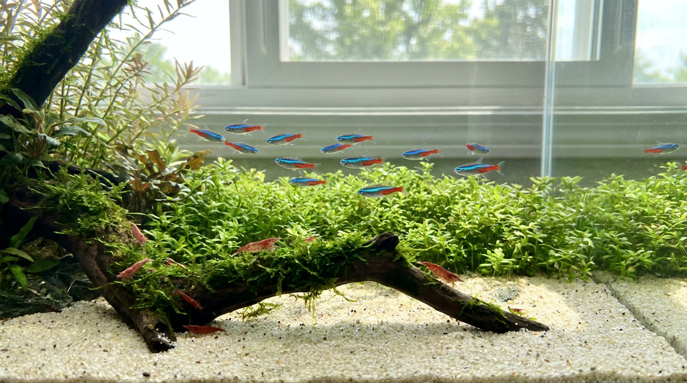 neon tetra school swimming above a planted tank with cherry shrimp on mossy driftwood