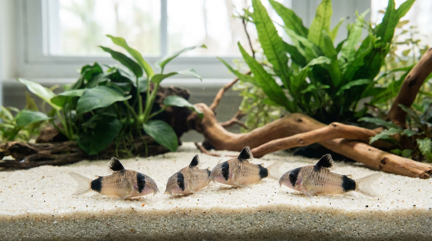 panda cory catfish group resting on fine sand in a planted aquarium