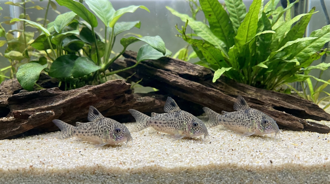 peppered cory catfish group resting on fine sand in a planted aquarium