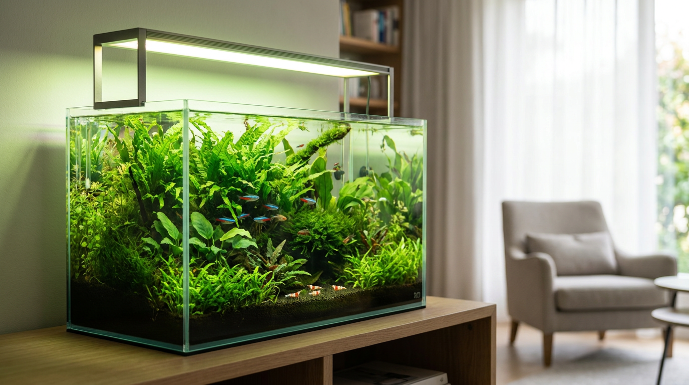 Planted tank light on a freshwater aquarium with green carpet plants and stem plants under an LED bar