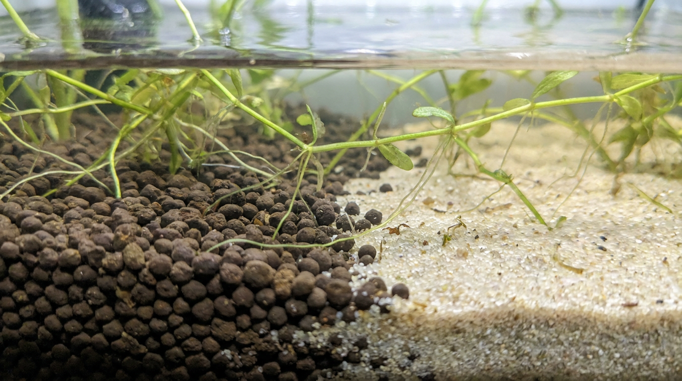 planted tank substrate: dark aquasoil granules beside pale sand with plant roots