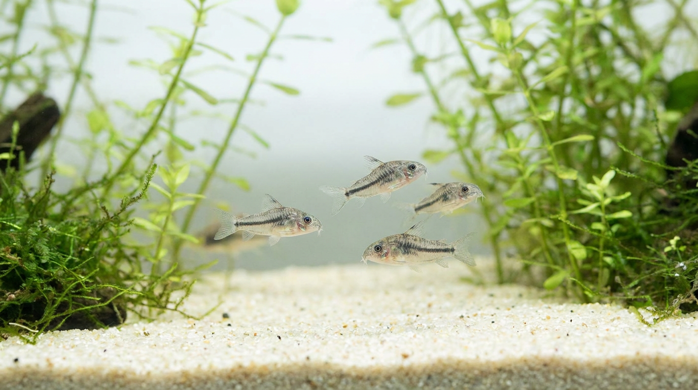 pygmy cory catfish group swimming in mid water in a planted nano aquarium