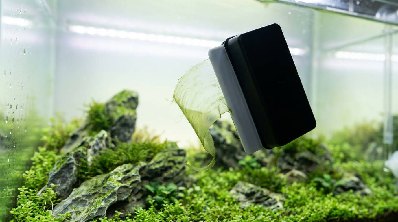 aquarium algae scraper magnet cleaner lifting green algae off the front pane of a planted tank with seiryu stone