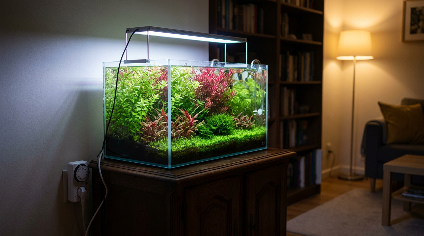 aquarium light timer plugged in beside a planted tank with an LED light bar over stem plants and a green carpet
